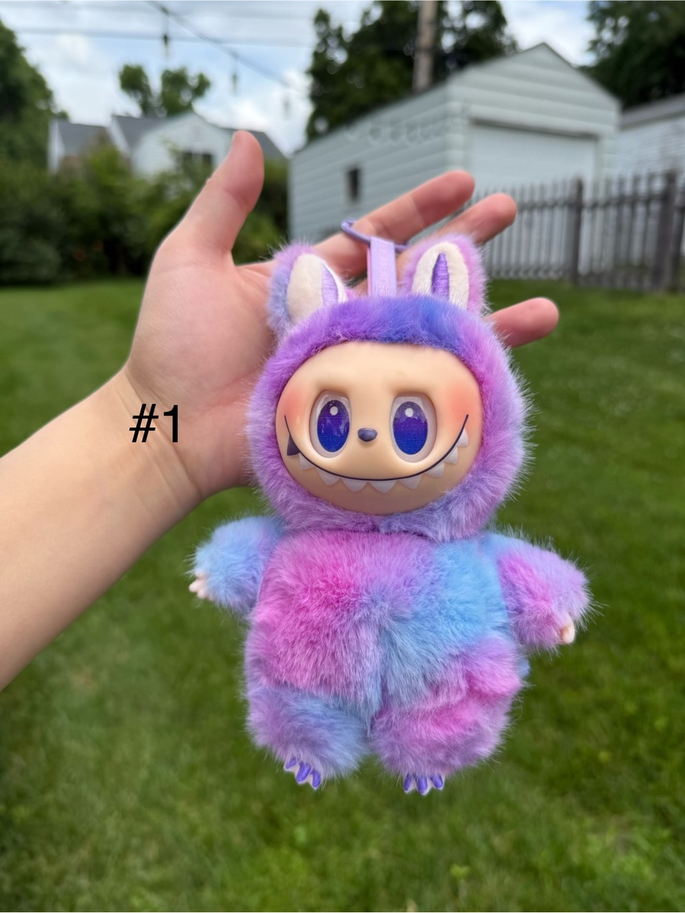 Purple Blue Labubu Furry Stuffed Animal Keychain Pendant. Plush Bunny Monster